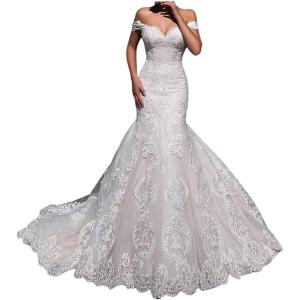 imageYoujiayi Elegant Mermaid Wedding Dresses for Bride Long Lace Tulle Bridal Gown Off Shoulder Wedding Gowns with TrainIvory