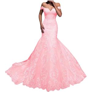 imageYoujiayi Elegant Mermaid Wedding Dresses for Bride Long Lace Tulle Bridal Gown Off Shoulder Wedding Gowns with TrainPink