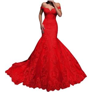 imageYoujiayi Elegant Mermaid Wedding Dresses for Bride Long Lace Tulle Bridal Gown Off Shoulder Wedding Gowns with TrainRed