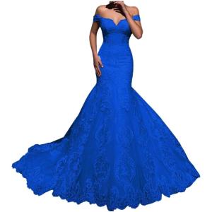 imageYoujiayi Elegant Mermaid Wedding Dresses for Bride Long Lace Tulle Bridal Gown Off Shoulder Wedding Gowns with TrainRoyal Blue