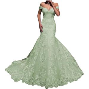 imageYoujiayi Elegant Mermaid Wedding Dresses for Bride Long Lace Tulle Bridal Gown Off Shoulder Wedding Gowns with TrainSage