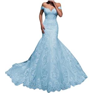 imageYoujiayi Elegant Mermaid Wedding Dresses for Bride Long Lace Tulle Bridal Gown Off Shoulder Wedding Gowns with TrainSky Blue