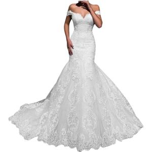 imageYoujiayi Elegant Mermaid Wedding Dresses for Bride Long Lace Tulle Bridal Gown Off Shoulder Wedding Gowns with TrainWhite
