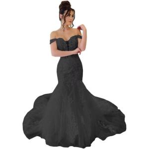 imageYoujiayi Mermaid Wedding Dresses for Bride Long Off Shoulder Bridal Gowns with Train A Line Lace Appliques Wedding Ball GownBlack