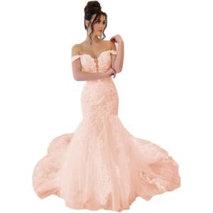 imageYoujiayi Mermaid Wedding Dresses for Bride Long Off Shoulder Bridal Gowns with Train A Line Lace Appliques Wedding Ball GownBlush Pink