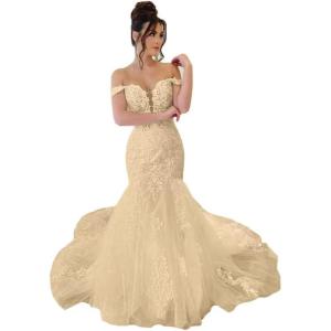 imageYoujiayi Mermaid Wedding Dresses for Bride Long Off Shoulder Bridal Gowns with Train A Line Lace Appliques Wedding Ball GownChampagne