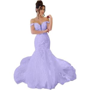 imageYoujiayi Mermaid Wedding Dresses for Bride Long Off Shoulder Bridal Gowns with Train A Line Lace Appliques Wedding Ball GownLavender
