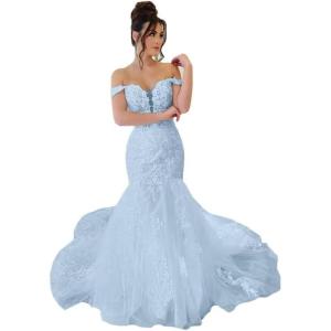 imageYoujiayi Mermaid Wedding Dresses for Bride Long Off Shoulder Bridal Gowns with Train A Line Lace Appliques Wedding Ball GownLight Blue