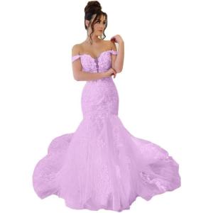 imageYoujiayi Mermaid Wedding Dresses for Bride Long Off Shoulder Bridal Gowns with Train A Line Lace Appliques Wedding Ball GownLilac