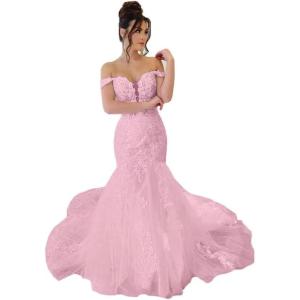 imageYoujiayi Mermaid Wedding Dresses for Bride Long Off Shoulder Bridal Gowns with Train A Line Lace Appliques Wedding Ball GownPink