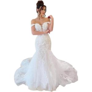 imageYoujiayi Mermaid Wedding Dresses for Bride Long Off Shoulder Bridal Gowns with Train A Line Lace Appliques Wedding Ball GownStyke15ivory