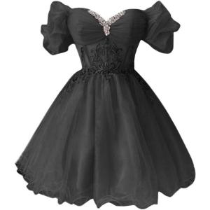 imageYoujiayi Off Shoulder Homecoming Dresses for Teens Sparkly Lace Tulle DAMA Dress for Quinceanera Beaded Short Prom GownBlack