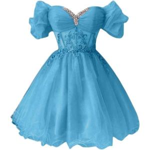 imageYoujiayi Off Shoulder Homecoming Dresses for Teens Sparkly Lace Tulle DAMA Dress for Quinceanera Beaded Short Prom GownBlue