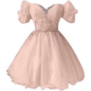 imageYoujiayi Off Shoulder Homecoming Dresses for Teens Sparkly Lace Tulle DAMA Dress for Quinceanera Beaded Short Prom GownBlush Pink