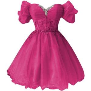 imageYoujiayi Off Shoulder Homecoming Dresses for Teens Sparkly Lace Tulle DAMA Dress for Quinceanera Beaded Short Prom GownBright Pink