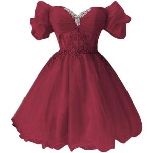 imageYoujiayi Off Shoulder Homecoming Dresses for Teens Sparkly Lace Tulle DAMA Dress for Quinceanera Beaded Short Prom GownBurgundy