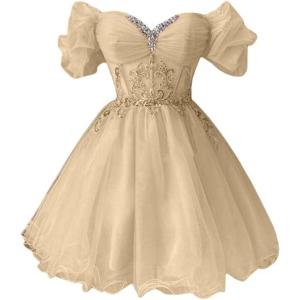 imageYoujiayi Off Shoulder Homecoming Dresses for Teens Sparkly Lace Tulle DAMA Dress for Quinceanera Beaded Short Prom GownChampagne