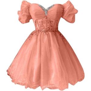 imageYoujiayi Off Shoulder Homecoming Dresses for Teens Sparkly Lace Tulle DAMA Dress for Quinceanera Beaded Short Prom GownCoral