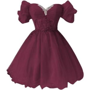 imageYoujiayi Off Shoulder Homecoming Dresses for Teens Sparkly Lace Tulle DAMA Dress for Quinceanera Beaded Short Prom GownDeep Burgundy