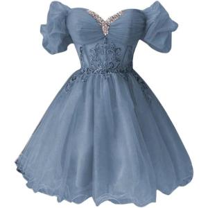 imageYoujiayi Off Shoulder Homecoming Dresses for Teens Sparkly Lace Tulle DAMA Dress for Quinceanera Beaded Short Prom GownDusty Blue