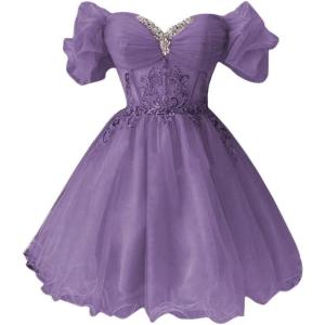 imageYoujiayi Off Shoulder Homecoming Dresses for Teens Sparkly Lace Tulle DAMA Dress for Quinceanera Beaded Short Prom GownDusty Mauve