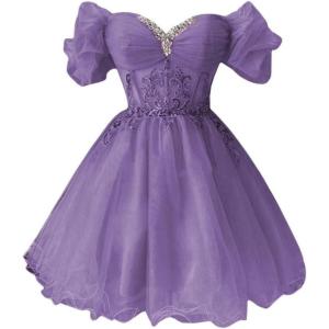 imageYoujiayi Off Shoulder Homecoming Dresses for Teens Sparkly Lace Tulle DAMA Dress for Quinceanera Beaded Short Prom GownDusty Purple