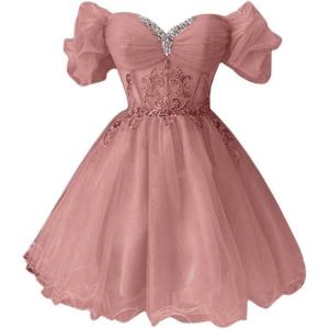 imageYoujiayi Off Shoulder Homecoming Dresses for Teens Sparkly Lace Tulle DAMA Dress for Quinceanera Beaded Short Prom GownDusty Rose