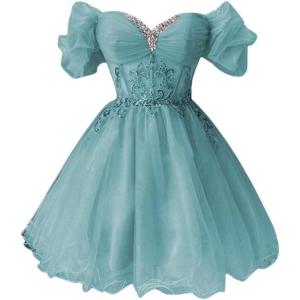 imageYoujiayi Off Shoulder Homecoming Dresses for Teens Sparkly Lace Tulle DAMA Dress for Quinceanera Beaded Short Prom GownDusty Sage