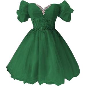 imageYoujiayi Off Shoulder Homecoming Dresses for Teens Sparkly Lace Tulle DAMA Dress for Quinceanera Beaded Short Prom GownEmerald Green