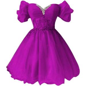 imageYoujiayi Off Shoulder Homecoming Dresses for Teens Sparkly Lace Tulle DAMA Dress for Quinceanera Beaded Short Prom GownFuchsia