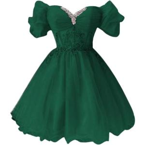 imageYoujiayi Off Shoulder Homecoming Dresses for Teens Sparkly Lace Tulle DAMA Dress for Quinceanera Beaded Short Prom GownGreen