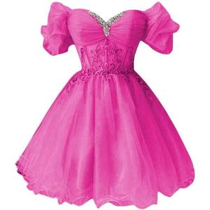 imageYoujiayi Off Shoulder Homecoming Dresses for Teens Sparkly Lace Tulle DAMA Dress for Quinceanera Beaded Short Prom GownHot Pink