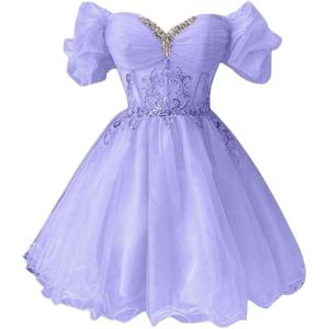 imageYoujiayi Off Shoulder Homecoming Dresses for Teens Sparkly Lace Tulle DAMA Dress for Quinceanera Beaded Short Prom GownLavender