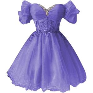 imageYoujiayi Off Shoulder Homecoming Dresses for Teens Sparkly Lace Tulle DAMA Dress for Quinceanera Beaded Short Prom GownLavender Deep