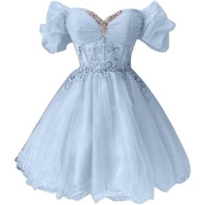 imageYoujiayi Off Shoulder Homecoming Dresses for Teens Sparkly Lace Tulle DAMA Dress for Quinceanera Beaded Short Prom GownLight Blue