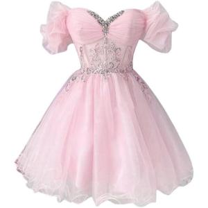 imageYoujiayi Off Shoulder Homecoming Dresses for Teens Sparkly Lace Tulle DAMA Dress for Quinceanera Beaded Short Prom GownLight Pink