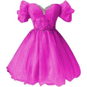 imageYoujiayi Off Shoulder Homecoming Dresses for Teens Sparkly Lace Tulle DAMA Dress for Quinceanera Beaded Short Prom GownMagenta