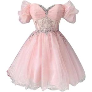 imageYoujiayi Off Shoulder Homecoming Dresses for Teens Sparkly Lace Tulle DAMA Dress for Quinceanera Beaded Short Prom GownPink