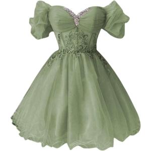 imageYoujiayi Off Shoulder Homecoming Dresses for Teens Sparkly Lace Tulle DAMA Dress for Quinceanera Beaded Short Prom GownSage Green