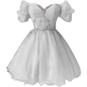 imageYoujiayi Off Shoulder Homecoming Dresses for Teens Sparkly Lace Tulle DAMA Dress for Quinceanera Beaded Short Prom GownSilver
