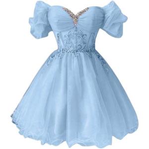 imageYoujiayi Off Shoulder Homecoming Dresses for Teens Sparkly Lace Tulle DAMA Dress for Quinceanera Beaded Short Prom GownSky Blue
