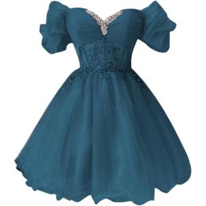 imageYoujiayi Off Shoulder Homecoming Dresses for Teens Sparkly Lace Tulle DAMA Dress for Quinceanera Beaded Short Prom GownTeal
