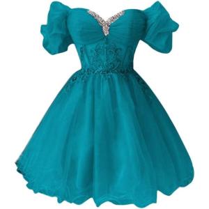 imageYoujiayi Off Shoulder Homecoming Dresses for Teens Sparkly Lace Tulle DAMA Dress for Quinceanera Beaded Short Prom GownTurquoise