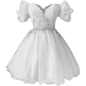 imageYoujiayi Off Shoulder Homecoming Dresses for Teens Sparkly Lace Tulle DAMA Dress for Quinceanera Beaded Short Prom GownWhite