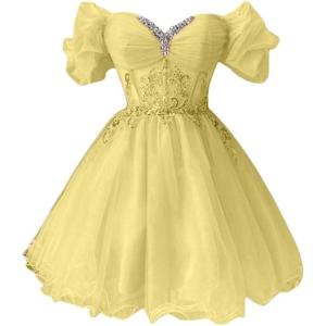 imageYoujiayi Off Shoulder Homecoming Dresses for Teens Sparkly Lace Tulle DAMA Dress for Quinceanera Beaded Short Prom GownYellow