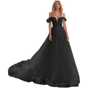 imageYoujiayi Off Shoulder Lace Wedding Dresses for Bride Puffy Tulle Bridal Gown with Train Long V Neck Wedding Gown for WomenBlack