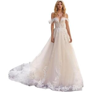 imageYoujiayi Off Shoulder Lace Wedding Dresses for Bride Puffy Tulle Bridal Gown with Train Long V Neck Wedding Gown for WomenIvory