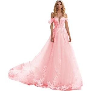 imageYoujiayi Off Shoulder Lace Wedding Dresses for Bride Puffy Tulle Bridal Gown with Train Long V Neck Wedding Gown for WomenPink