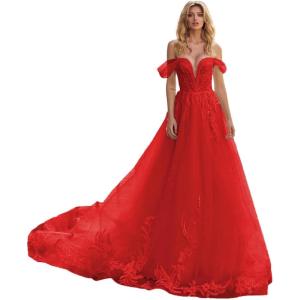 imageYoujiayi Off Shoulder Lace Wedding Dresses for Bride Puffy Tulle Bridal Gown with Train Long V Neck Wedding Gown for WomenRed