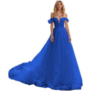 imageYoujiayi Off Shoulder Lace Wedding Dresses for Bride Puffy Tulle Bridal Gown with Train Long V Neck Wedding Gown for WomenRoyal Blue
